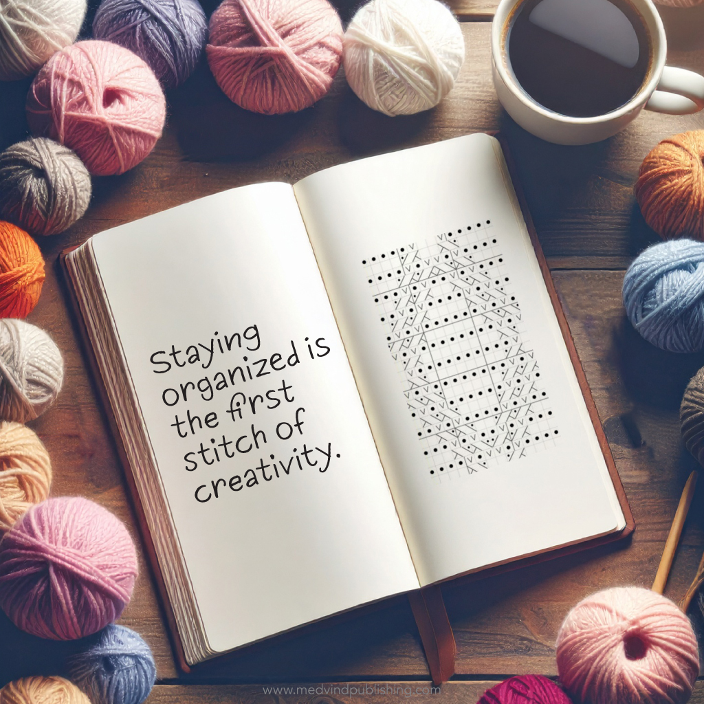 An open knitting journal surrounded by colorful yarn balls and a cup of coffee on a wooden table. The page features a knitting pattern and the quote “Staying organized is the first stitch of creativity.” A cozy, inspiring flat lay image for knitters about mindful crafting and creativity.