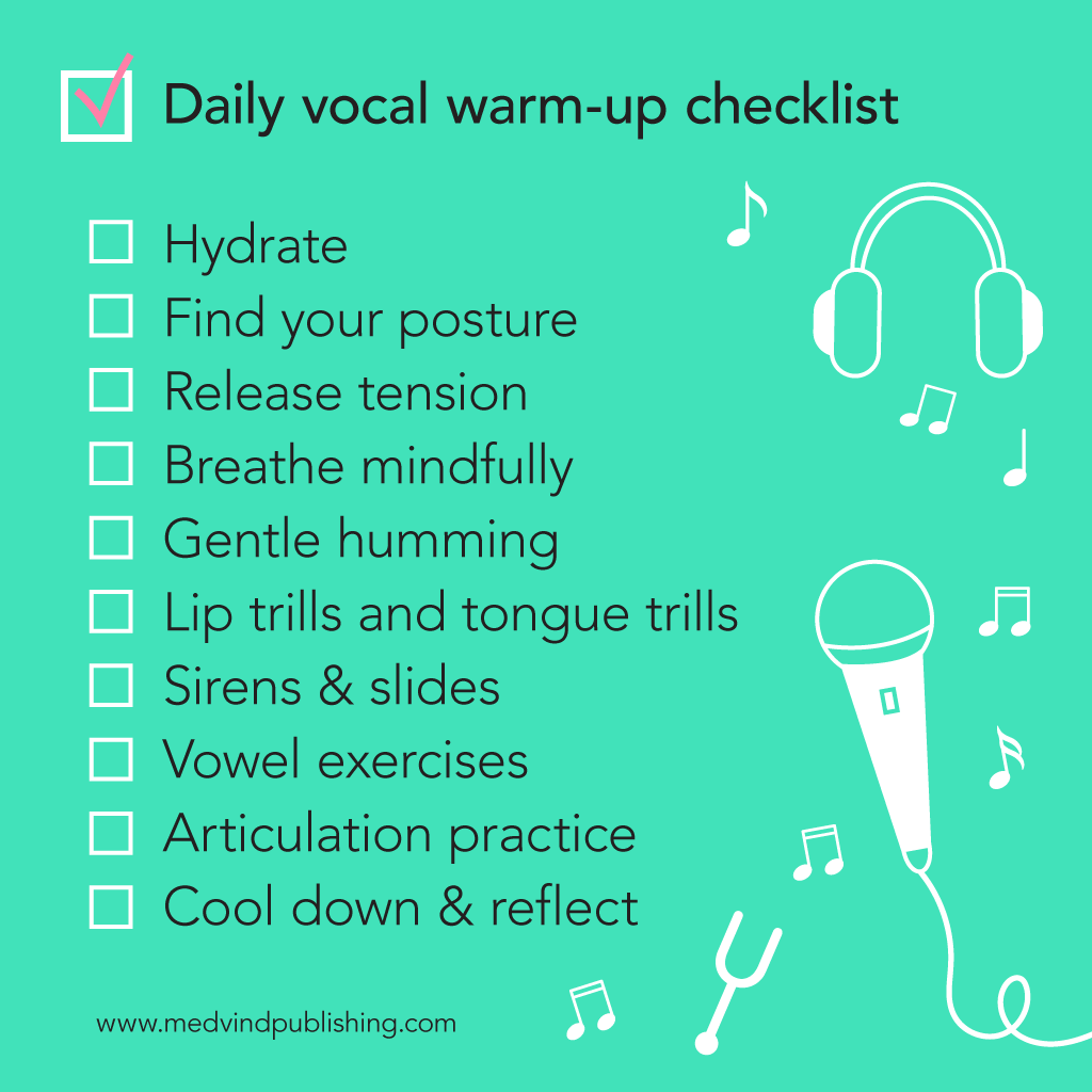 Vocal warm up checklist, mint green background, white text, headphones icon and microphone icon and some musical notes.